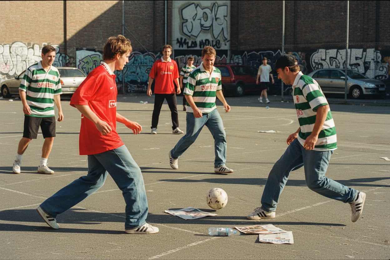Can you create an image of some white males playing street soccer wearing 1990s baggy clothing wearing classic premier league jerseys 